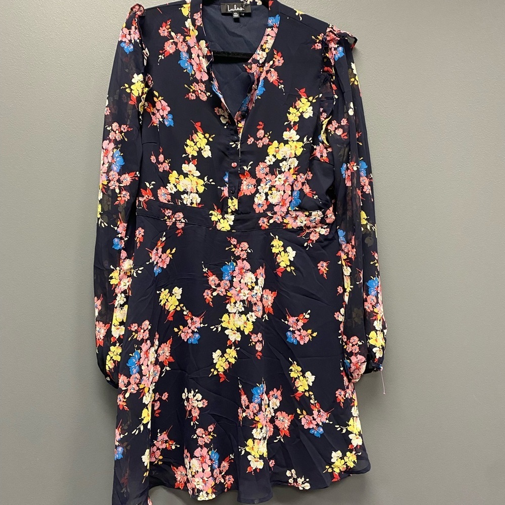 Lulu’s In the Flowers Navy Blue Floral Print Long Sleeve Skater Dress XL - Picture 4 of 12